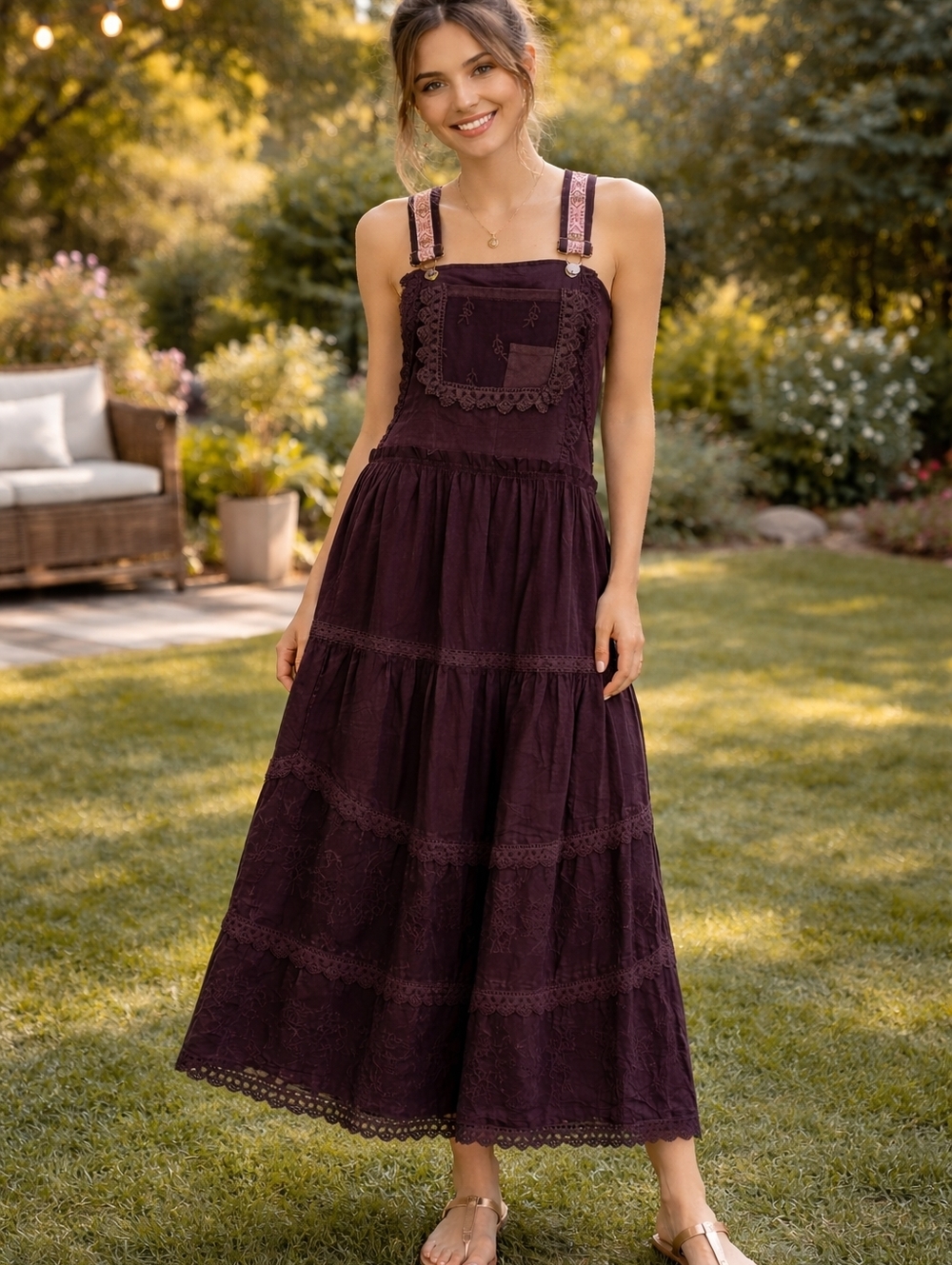 American Eagle Outfitters Purple Tiered Maxi Dress with Embroidered Straps